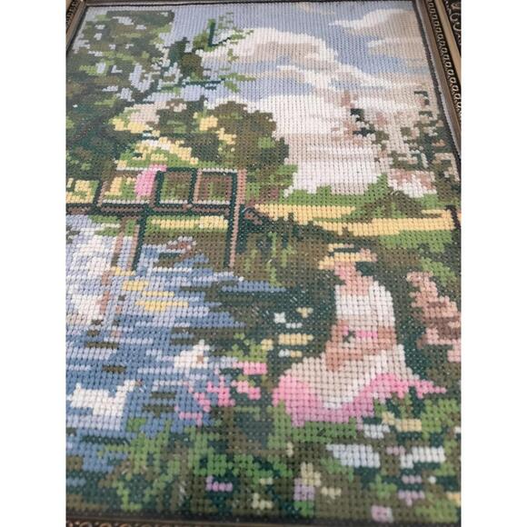 Other - Vintage Framed Needlepoint Landscape Cottage Scene Ornate Wood Frame 10x12.5